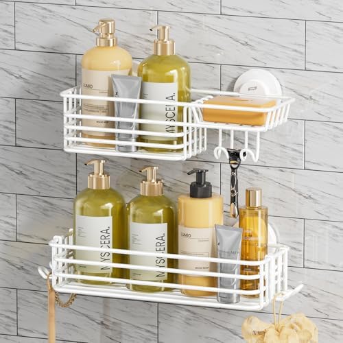 TAILI Shower Caddy Suction Cup 2 Pack with Hooks &amp; Soap holder, Heavy Duty Shower Organizer for Bathroom, No Drilling Bathroom Organizer with Large Capacity, Black Metal Storage Basket - Homesidy.com