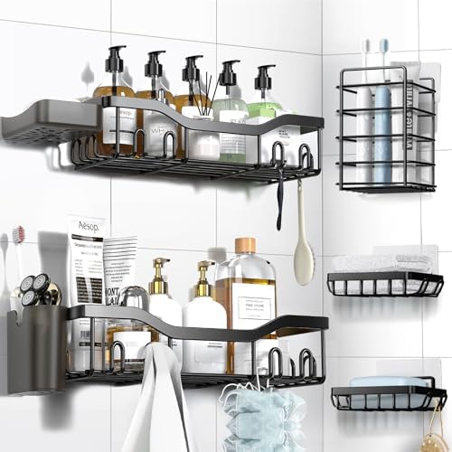 NESOMI Shower Caddy Adhesive Shower Organizer 7 - Pack, Rustproof Stainless Steel Bathroom Shelves, Large Capacity No - Drill Rack Storage Accessories with Soap Dish Toothbrush Holder &amp;24 Hooks Home Decor - Homesidy.com