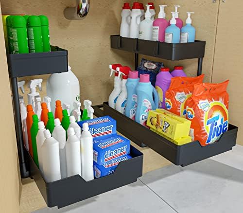 2 Pack Under Sink Organizer 2 Tier Sliding Cabinet Organizers Multi - Purpose Sink Storage Basket L - Shape Narrow Space Storage Shelves with 4 Hook for Kitchen Bathroom Drawer, Black - Homesidy.com