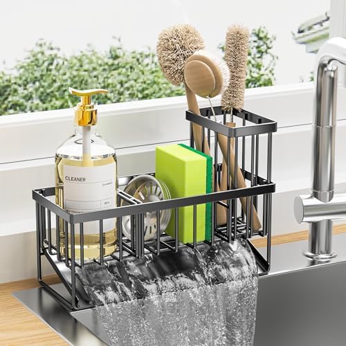 Cisily Kitchen Sink Caddy Organzier with High Brush Holder, Sponge Holder for Sink, 304 Rustproof Stainless, Kitchen Countertop Soap Dispenser Organizer, Kitchen Decor and Accessories - Homesidy.com