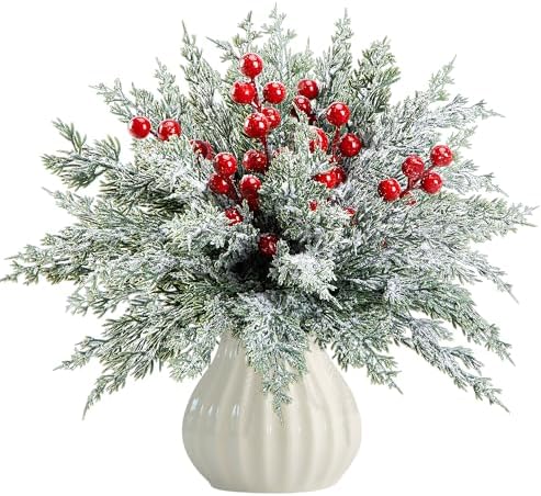 Watayo 60 Pcs Christmas Artificial Pine Branches with Red Berry Stems, 10.5&34; Faux Evergreen Norfolk Pine Cypress Leaves Stems, Fake Foliage Pine Needles Picks for DIY Craft Garland Home Decor - Homesidy.com