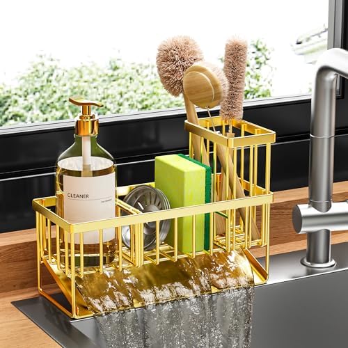 Cisily Kitchen Sink Caddy Organzier with High Brush Holder, Sponge Holder for Sink, 304 Rustproof Stainless, Kitchen Countertop Soap Dispenser Organizer, Kitchen Decor and Accessories - Homesidy.com