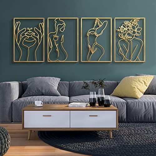 Glamativity 4 Pack Gold Wall Art Decor, Minimalist Single Line Real Metal Wall Art, Womans Body Shape Abstract Wall Art (Gold Classic Style, 17 x 11.8) - Homesidy.com