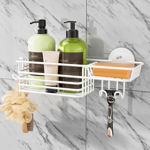 TAILI Shower Caddy Suction Cup 2 Pack with Hooks &amp; Soap holder, Heavy Duty Shower Organizer for Bathroom, No Drilling Bathroom Organizer with Large Capacity, Black Metal Storage Basket - Homesidy.com