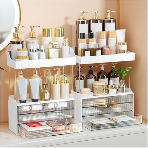 StorBin 3 Drawers Makeup Organizer - 5 Tier Bathroom Counter Organizers and Storage, Versatile Perfume Vanity Organizer, Ideal for Cosmetic, Large Skincare, Face Mask, Office Supplies, Amber - Homesidy.com