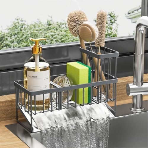 Cisily Kitchen Sink Caddy Organzier with High Brush Holder, Sponge Holder for Sink, 304 Rustproof Stainless, Kitchen Countertop Soap Dispenser Organizer, Kitchen Decor and Accessories - Homesidy.com