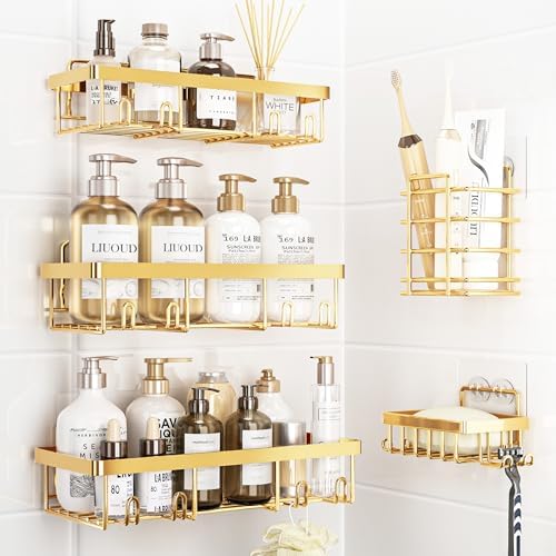 Liuoud 5 Pack Shower Caddy Organizer Rack Shelf for Inside Shower, Adhesive Bathroom Wall Storage Basket Rustproof Stainless Steel Shampoo Holder, Girly Bathroom Accessory Decor Set, Pink - Homesidy.com