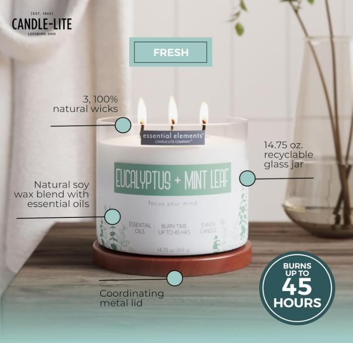 Candle - lite Essential Elements Scented Candles, Eucalyptus &amp; Mint Leaf, 14.75 oz Jar, Proudly Poured in The USA, Aromatherapy, 3 - Wick with 45 Hours Burn Time, Perfect for Creating a Relaxing Ambiance - Homesidy.com