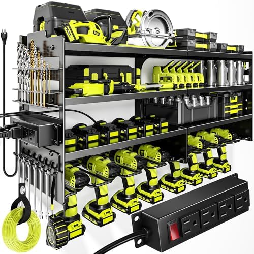POKIPO Large Power Tool Organizer Wall Mount with Charging Station,4 Layer Heavy Duty Metal Tool Storage Rack Loads 600lbs with 8 Cordless Drill Holder,Battery Utility Rack Loads with 4 Power Strip - Homesidy.com