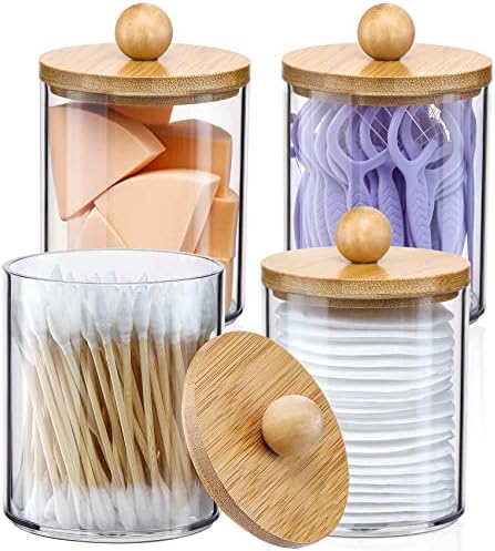 4 Pack Qtip Holder Dispenser with Bamboo Lids - 10 oz Clear Plastic Apothecary Jar Containers for Vanity Makeup Organizer Storage - Bathroom Accessories Set for Cotton Swab, Ball, Pads, Floss - Homesidy.com