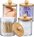 4 Pack Qtip Holder Dispenser with Bamboo Lids - 10 oz Clear Plastic Apothecary Jar Containers for Vanity Makeup Organizer Storage - Bathroom Accessories Set for Cotton Swab, Ball, Pads, Floss - Homesidy.com