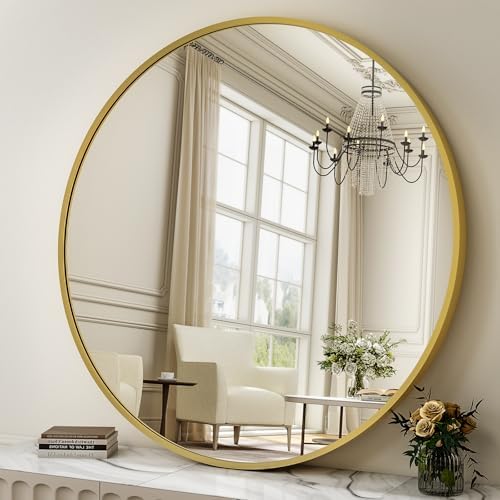 XRAMFY 30 Inch Round Mirror - Circle Mirrors for Bathroom, Entryway and Living Room Wall Decor, Modern Hanging Vanity Mirror, Matte Black Circle Decorative Wall Mirror - Homesidy.com