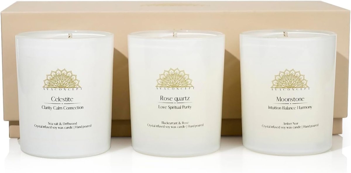 ava concept - Soy Candles with Crystals - Aromatherapy Scented Candle for Women - Lavender Vanilla Gift Set - Small Wax Melts - 3 Pack 3.5oz - Homesidy.com