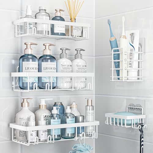 Liuoud 5 Pack Shower Caddy Organizer Rack Shelf for Inside Shower, Adhesive Bathroom Wall Storage Basket Rustproof Stainless Steel Shampoo Holder, Girly Bathroom Accessory Decor Set, Pink - Homesidy.com
