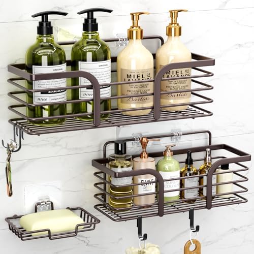 Shower Caddy, Adhesive Shower Organizer with Soap Dish and 4 Hooks, Rustproof Stainless Steel Shower Shelves, Wall Mounted No Drilling Storage Shelf Basket Accessories for Bathroom &amp; Kitchen - Homesidy.com