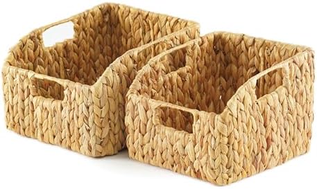 Greenatural Water Hyacinth Storage Baskets Set of 2, Handwoven Rectangular Organizer Trays with Wooden Bead Handles, Nested Wicker Bins for Shelf, Bathroom, Kitchen, Office, Natural Decor - Homesidy.com