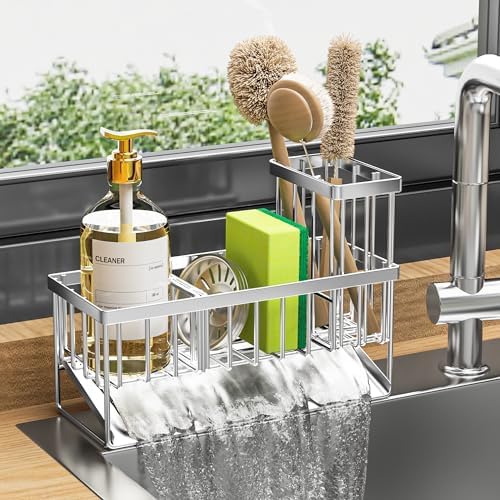 Cisily Kitchen Sink Caddy Organzier with High Brush Holder, Sponge Holder for Sink, 304 Rustproof Stainless, Kitchen Countertop Soap Dispenser Organizer, Kitchen Decor and Accessories - Homesidy.com