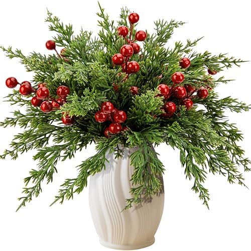 Watayo 60 Pcs Christmas Artificial Pine Branches with Red Berry Stems, 10.5&34; Faux Evergreen Norfolk Pine Cypress Leaves Stems, Fake Foliage Pine Needles Picks for DIY Craft Garland Home Decor - Homesidy.com