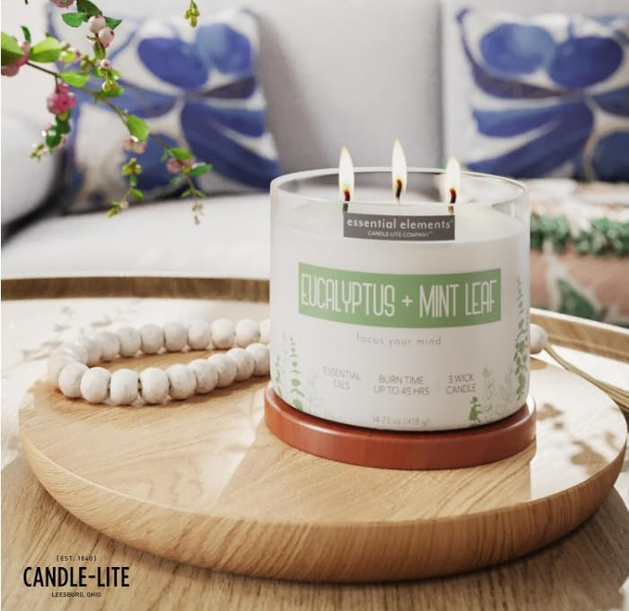 Candle - lite Essential Elements Scented Candles, Eucalyptus &amp; Mint Leaf, 14.75 oz Jar, Proudly Poured in The USA, Aromatherapy, 3 - Wick with 45 Hours Burn Time, Perfect for Creating a Relaxing Ambiance - Homesidy.com