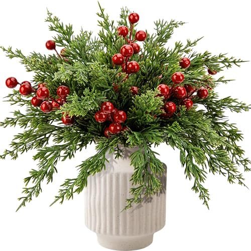 Watayo 60 Pcs Christmas Artificial Pine Branches with Red Berry Stems, 10.5&34; Faux Evergreen Norfolk Pine Cypress Leaves Stems, Fake Foliage Pine Needles Picks for DIY Craft Garland Home Decor - Homesidy.com