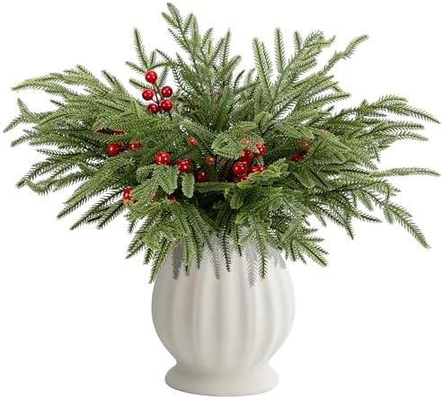 Watayo 60 Pcs Christmas Artificial Pine Branches with Red Berry Stems, 10.5&34; Faux Evergreen Norfolk Pine Cypress Leaves Stems, Fake Foliage Pine Needles Picks for DIY Craft Garland Home Decor - Homesidy.com