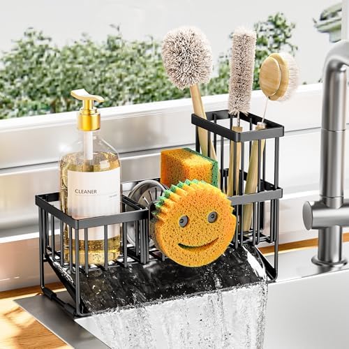 Cisily Kitchen Sink Caddy Organzier with High Brush Holder, Sponge Holder for Sink, 304 Rustproof Stainless, Kitchen Countertop Soap Dispenser Organizer, Kitchen Decor and Accessories - Homesidy.com