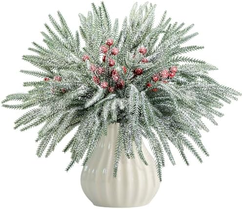 Watayo 60 Pcs Christmas Artificial Pine Branches with Red Berry Stems, 10.5&34; Faux Evergreen Norfolk Pine Cypress Leaves Stems, Fake Foliage Pine Needles Picks for DIY Craft Garland Home Decor - Homesidy.com
