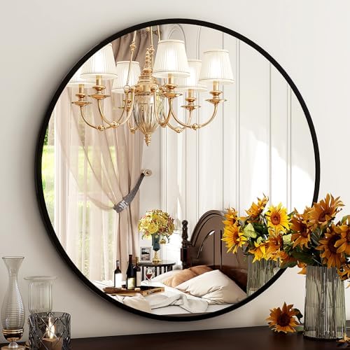 HARRITPURE Round Mirror 30 Black Wall Mounted Circle Mirrors Vanity Mirror with Brushed Aluminum Alloy Frame Modern Decoration for Bathroom, Living Room, Vanity, Bedroom, Entryway - Homesidy.com