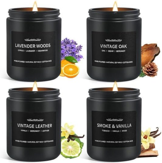 Scented Candle Set, Men Candle Set, Scented Candles for Home, Gifts for Men, 4 Pack Manly Candles Gifts for Mens Scents of Smoke Vanilla/Leather/Oak/Lavender Wood - Homesidy.com
