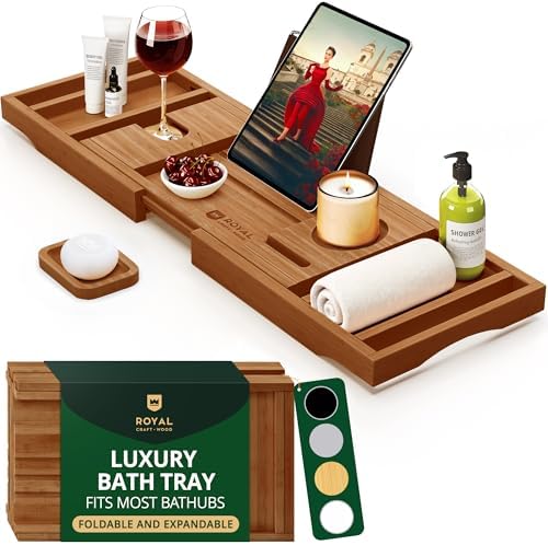 ROYAL CRAFT WOOD Bathtub Tray Caddy for Tub, Bamboo Bath Shelf, Premium Foldable Wood Bath Table, Expandable Bathtub &amp; Bathroom Accessories, New Home Gifts for Mom, Housewarming, Anniversary, Wedding - Homesidy.com