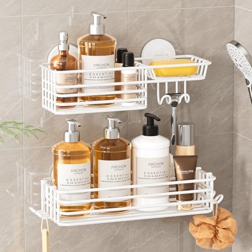 LEVERLOC Shower Caddy Suction Cup, 2 Pack Shower Shelves for Inside Shower with Hooks &amp; Soap Holder, NO - Drilling Bathroom Shower Organizer, Rustproof Meatl Shower Holder Storage, Black - Homesidy.com
