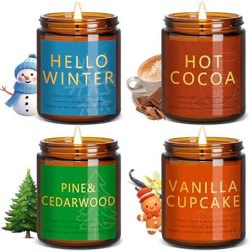 Winter Candle Gift Set, 4 Pack 7 oz Soy Scented Candles for Home, Christmas, Holiday &amp; Birthday Gifts for Women &amp; Men, Includes Hello Winter, Pine &amp; Cedarwood, Hot Cocoa, and Vanilla Cupcake - Homesidy.com