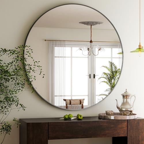 HARRITPURE Round Mirror 30 Black Wall Mounted Circle Mirrors Vanity Mirror with Brushed Aluminum Alloy Frame Modern Decoration for Bathroom, Living Room, Vanity, Bedroom, Entryway - Homesidy.com