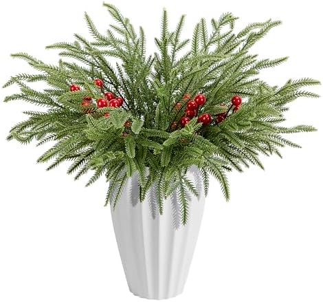 Watayo 60 Pcs Christmas Artificial Pine Branches with Red Berry Stems, 10.5&34; Faux Evergreen Norfolk Pine Cypress Leaves Stems, Fake Foliage Pine Needles Picks for DIY Craft Garland Home Decor - Homesidy.com