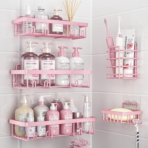 Liuoud 5 Pack Shower Caddy Organizer Rack Shelf for Inside Shower, Adhesive Bathroom Wall Storage Basket Rustproof Stainless Steel Shampoo Holder, Girly Bathroom Accessory Decor Set, Pink - Homesidy.com