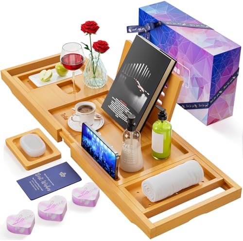 Premium Bathtub Tray Caddy, Expandable Bath Tray, Unique House Warming Gifts, New Home, Anniversary and Wedding Gifts for Couple, Bridal Shower Gift for Women - Homesidy.com