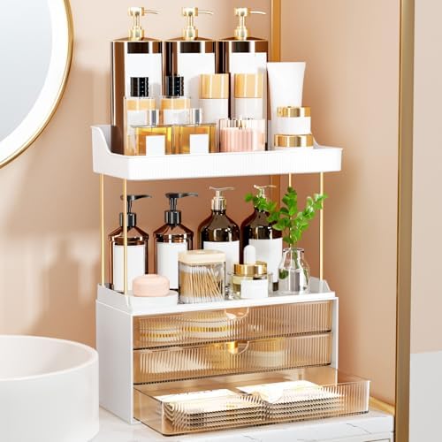 StorBin 3 Drawers Makeup Organizer - 5 Tier Bathroom Counter Organizers and Storage, Versatile Perfume Vanity Organizer, Ideal for Cosmetic, Large Skincare, Face Mask, Office Supplies, Amber - Homesidy.com