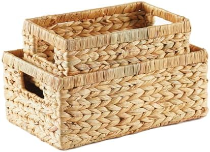 Greenatural Water Hyacinth Storage Baskets Set of 2, Handwoven Rectangular Organizer Trays with Wooden Bead Handles, Nested Wicker Bins for Shelf, Bathroom, Kitchen, Office, Natural Decor - Homesidy.com