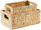 Greenatural Water Hyacinth Storage Baskets Set of 2, Handwoven Rectangular Organizer Trays with Wooden Bead Handles, Nested Wicker Bins for Shelf, Bathroom, Kitchen, Office, Natural Decor - Homesidy.com