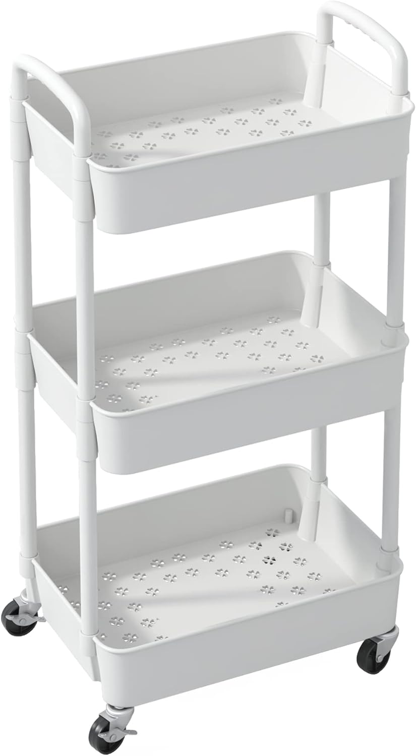 Sywhitta 3 - Tier Plastic Rolling Utility Cart with Handle, Multi - Functional Storage Trolley for Office, Living Room, Kitchen, Movable Storage Organizer with Wheels, White - Homesidy.com