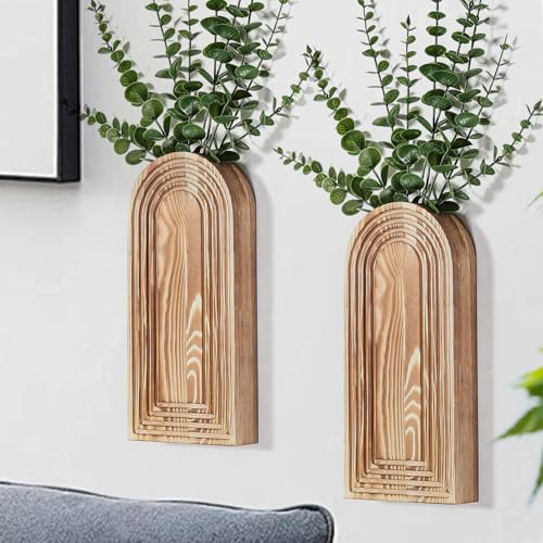 Dnnnii 2 Pack Wooden Wall Vase Set - Brown Finish Modern Farmhouse &amp; Boho Wall Decor for Entryway, Hallway, Bathroom, Living Room, Dining Room, Narrow Spaces - Homesidy.com