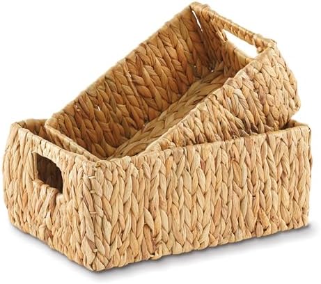 Greenatural Water Hyacinth Storage Baskets Set of 2, Handwoven Rectangular Organizer Trays with Wooden Bead Handles, Nested Wicker Bins for Shelf, Bathroom, Kitchen, Office, Natural Decor - Homesidy.com