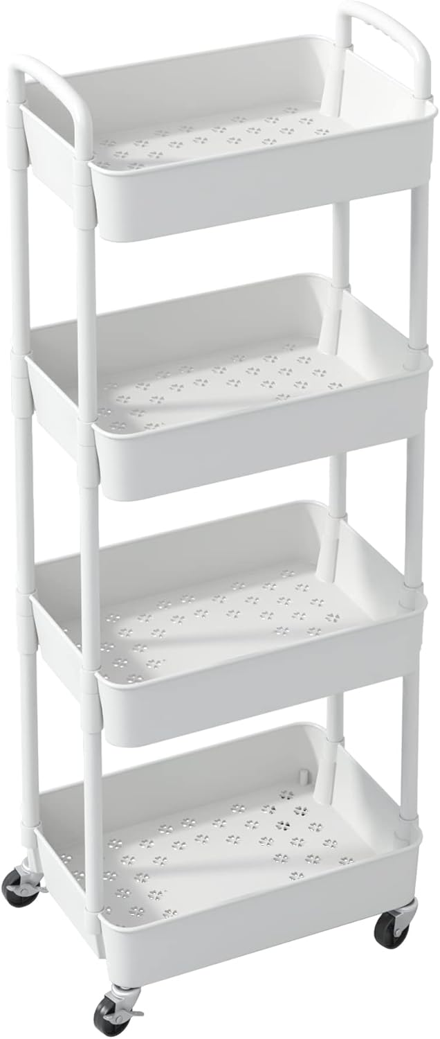 Sywhitta 3 - Tier Plastic Rolling Utility Cart with Handle, Multi - Functional Storage Trolley for Office, Living Room, Kitchen, Movable Storage Organizer with Wheels, White - Homesidy.com