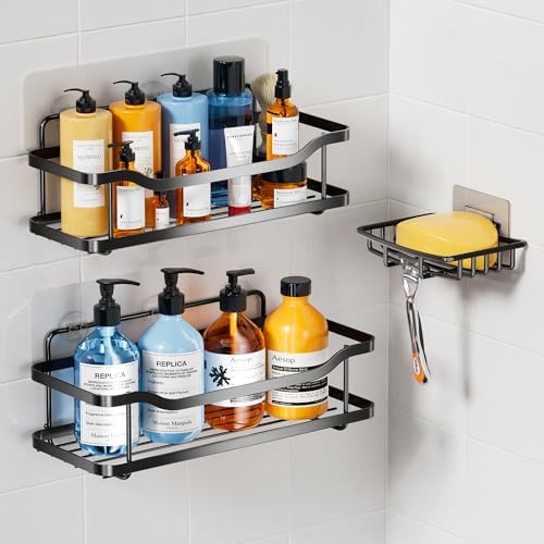 OMAIRA 3 - Pack Shower Caddy with Soap Holder, Adhesive Rustproof No - drill Strudy Loading Inside Shower Organizer Shelves Rack Storage Bathroom Organization for Smooth Wall Glass Tile, Black (Large) - Homesidy.com