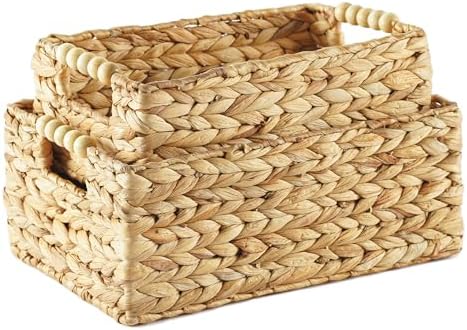Greenatural Water Hyacinth Storage Baskets Set of 2, Handwoven Rectangular Organizer Trays with Wooden Bead Handles, Nested Wicker Bins for Shelf, Bathroom, Kitchen, Office, Natural Decor - Homesidy.com