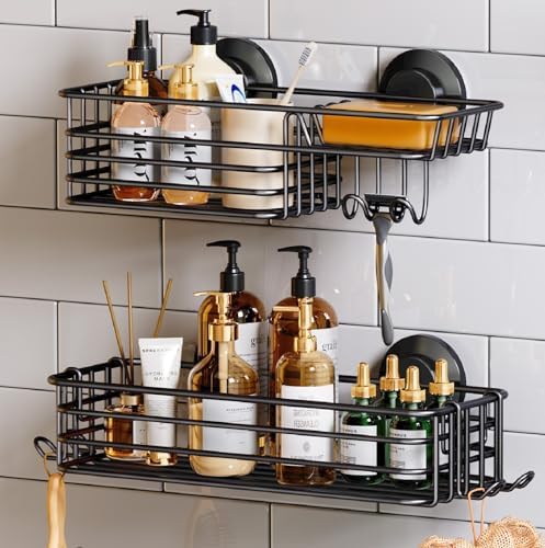 TAILI Shower Caddy Suction Cup 2 Pack with Hooks &amp; Soap holder, Heavy Duty Shower Organizer for Bathroom, No Drilling Bathroom Organizer with Large Capacity, Black Metal Storage Basket - Homesidy.com