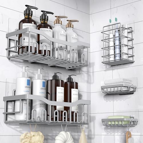 EUDELE 5 - Pack Rustproof Stainless Steel Shower Caddy Set– No Drill Adhesive Bathroom Organizer, Space - Saving Shower Shelves for Apartment Essentials, Bathroom/Kitchen Storage Home Decor - L Size - Homesidy.com