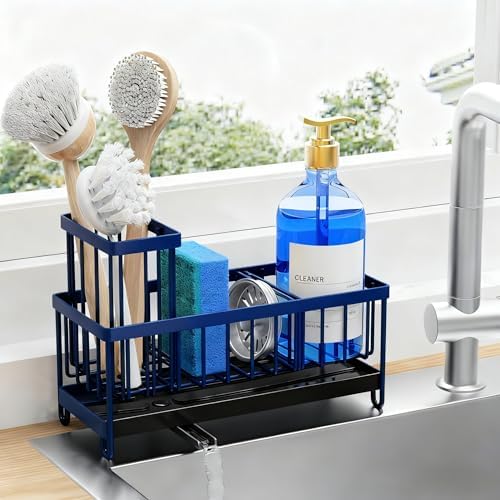 Cisily Black Sponge Holder for Kitchen Sink, Sink Caddy Organizer with High Brush Holder, Kitchen Countertop Organizers and Storage Essentials, Rustproof 304 Stainless Steel, Soap Dispenser Organize - Homesidy.com