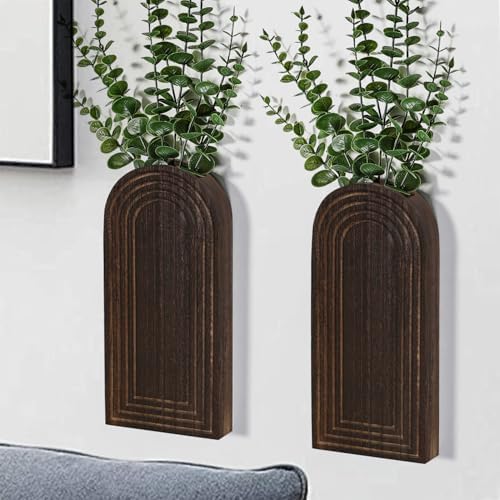 Dnnnii 2 Pack Wooden Wall Vase Set - Brown Finish Modern Farmhouse &amp; Boho Wall Decor for Entryway, Hallway, Bathroom, Living Room, Dining Room, Narrow Spaces - Homesidy.com