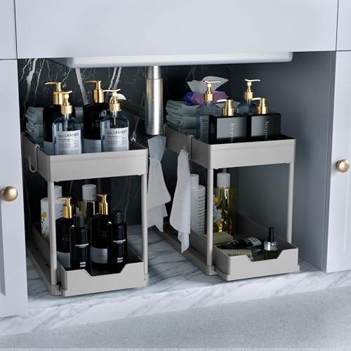 DEKAVA Under Sink Organizer 2 Pack, Bathroom Cabinet Organizer, 2 Tier Sliding Cabinet Basket Organizer Drawer, Multi - Purpose Bath Collection Baskets for Bathroom (Black) - Homesidy.com